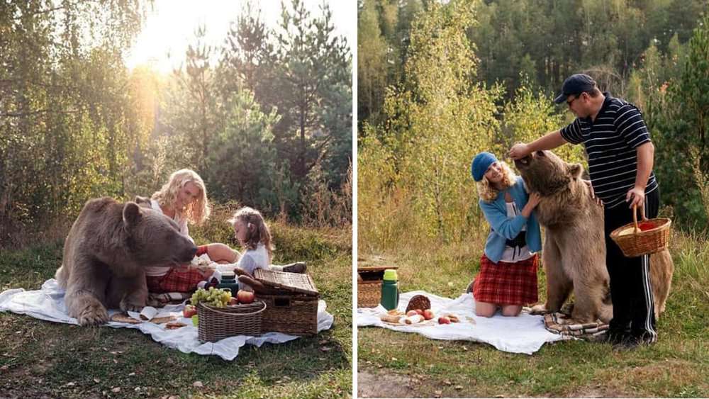 A Surreal Picnic Russian Model And Daughter Dine With Giant Bear In Unbelievable Photos