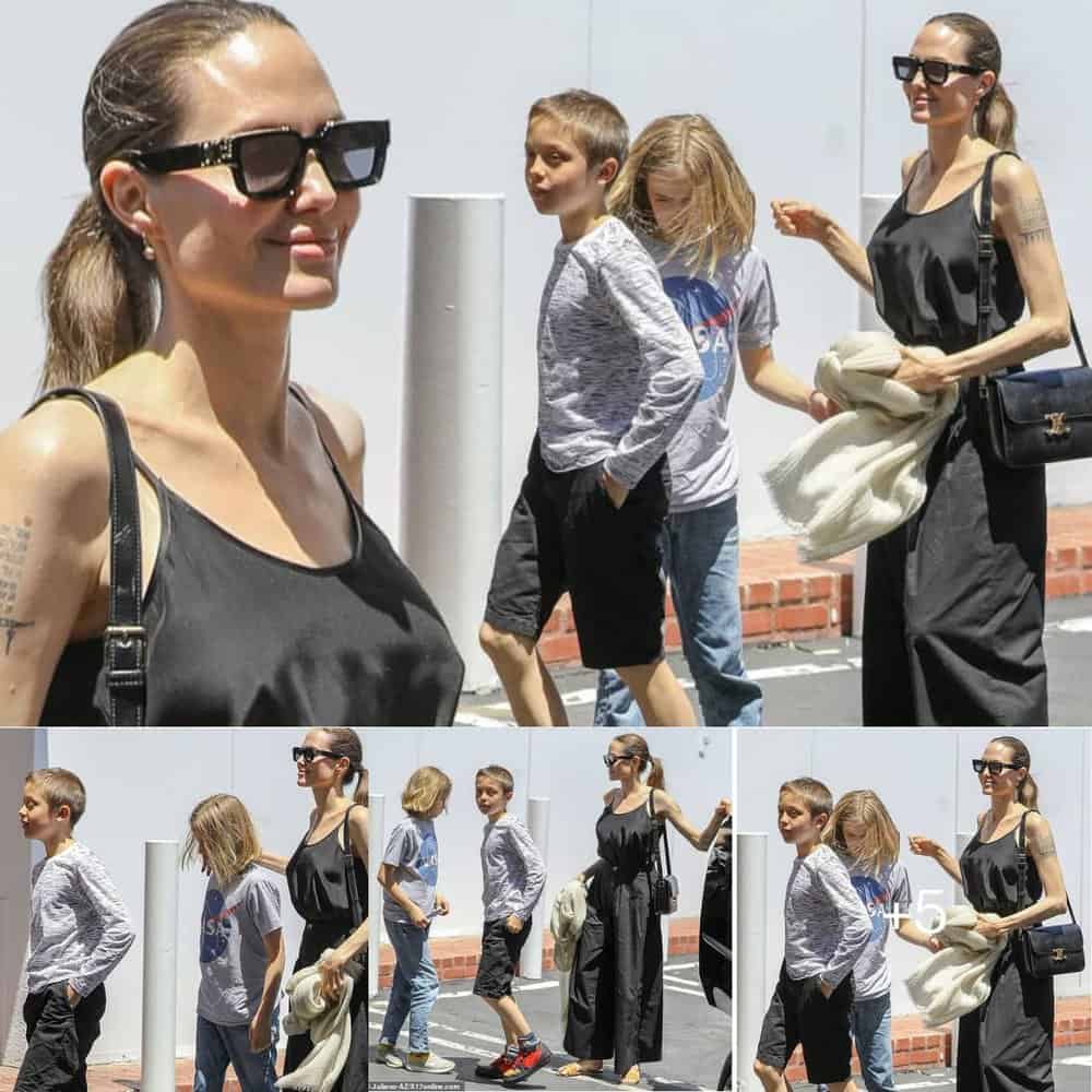 Angelina Jolie Stuns In Casual Black Jumpsuit While Shopping With Twins In La