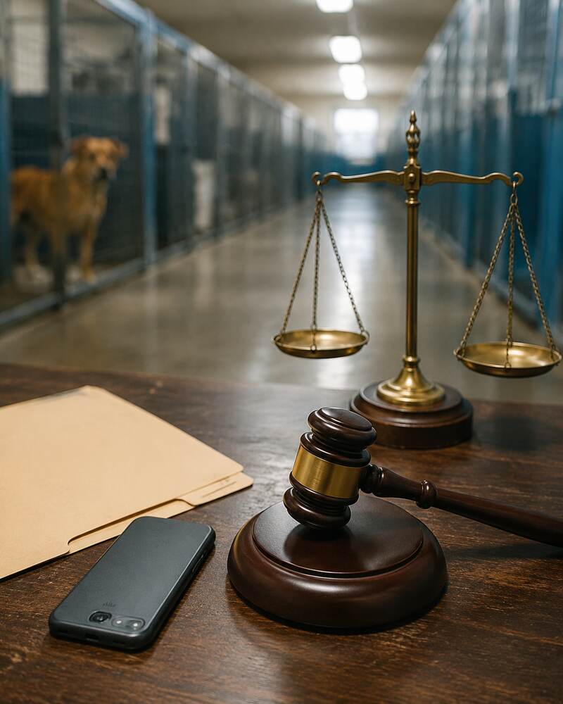 Justice scales, a judge's gavel and a smartphone sit before a blurred animal-shelter corridor.