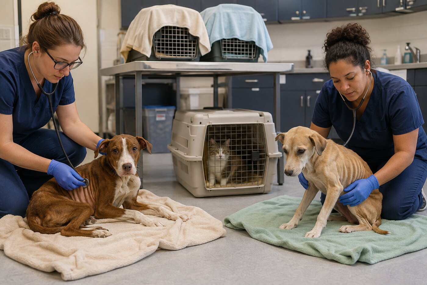 Veterinary staff examining underweight dogs while a rescued cat waits safely in a carrier