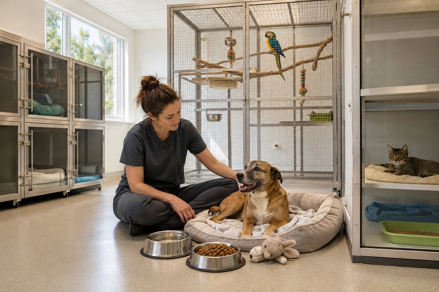 A dog, cat and exotic birds receiving food, water and humane shelter care