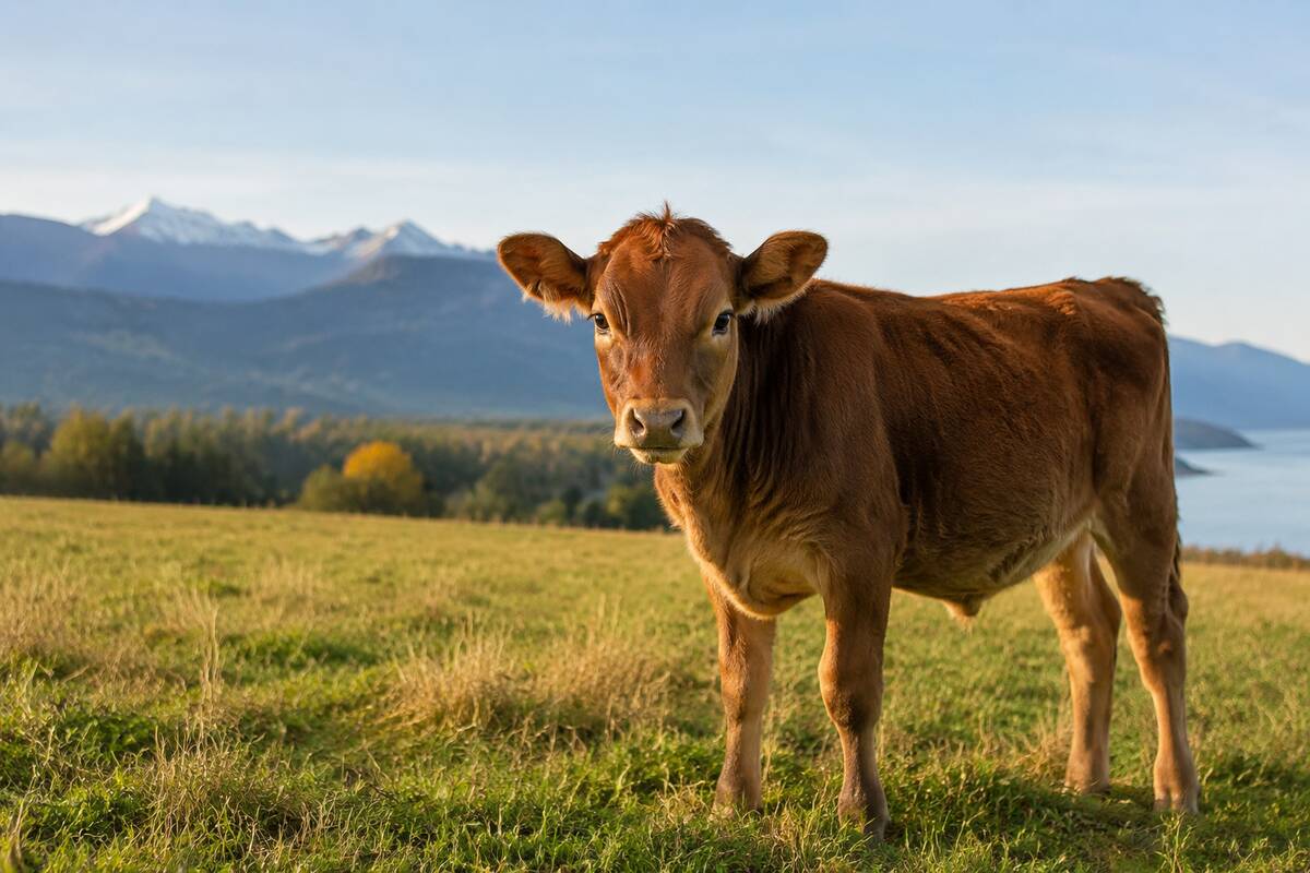 A calm brown calf standing freely in a pasture beneath coastal mountains