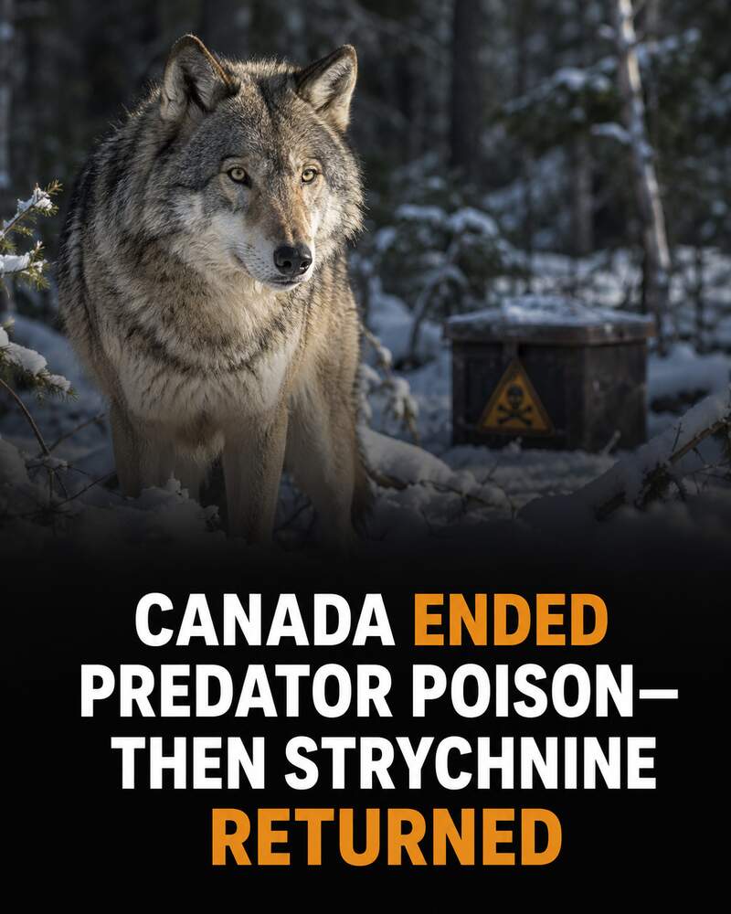 A gray wolf in a snowy Canadian forest near a symbolic poison hazard container.
