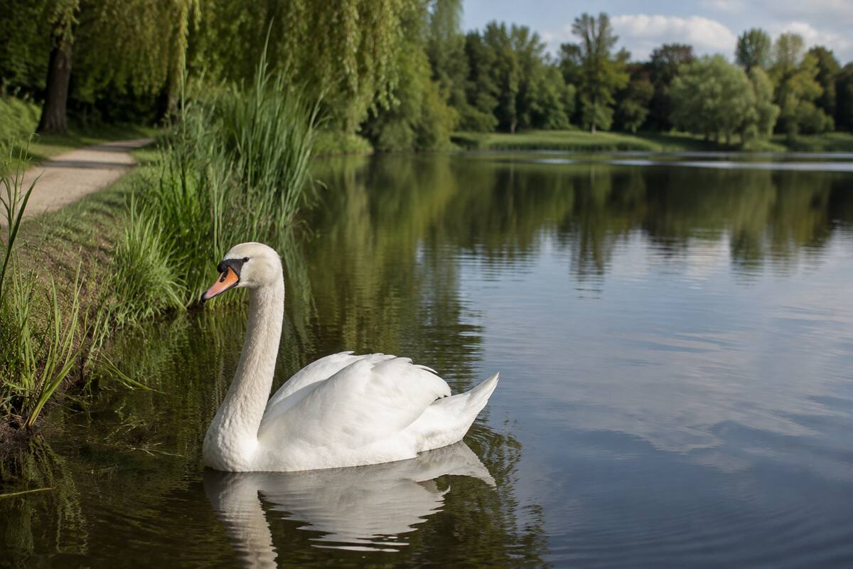 White swan on a peaceful English park lake