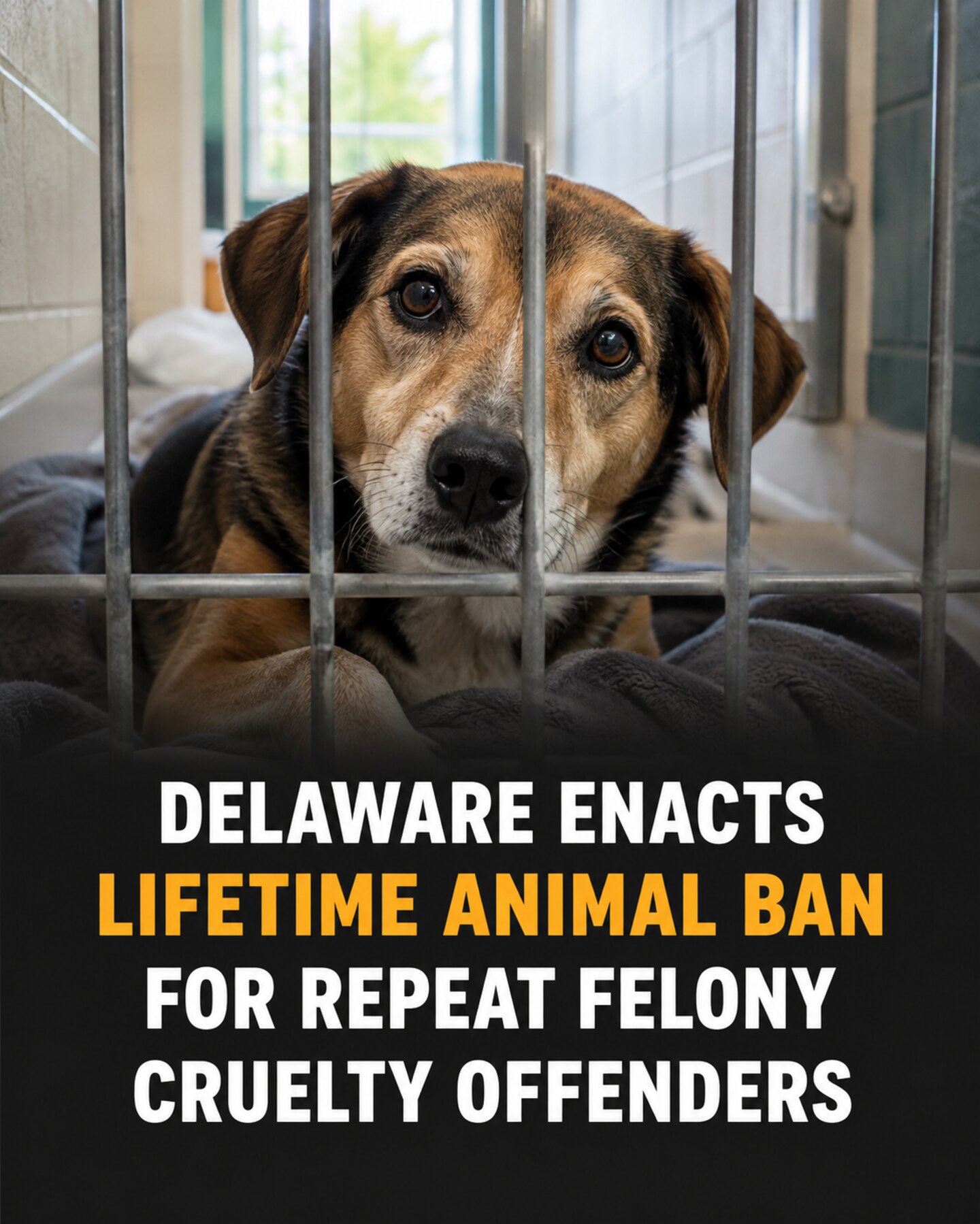 Illustrative social graphic showing a shelter dog with the headline about Delaware's lifetime animal-ownership ban