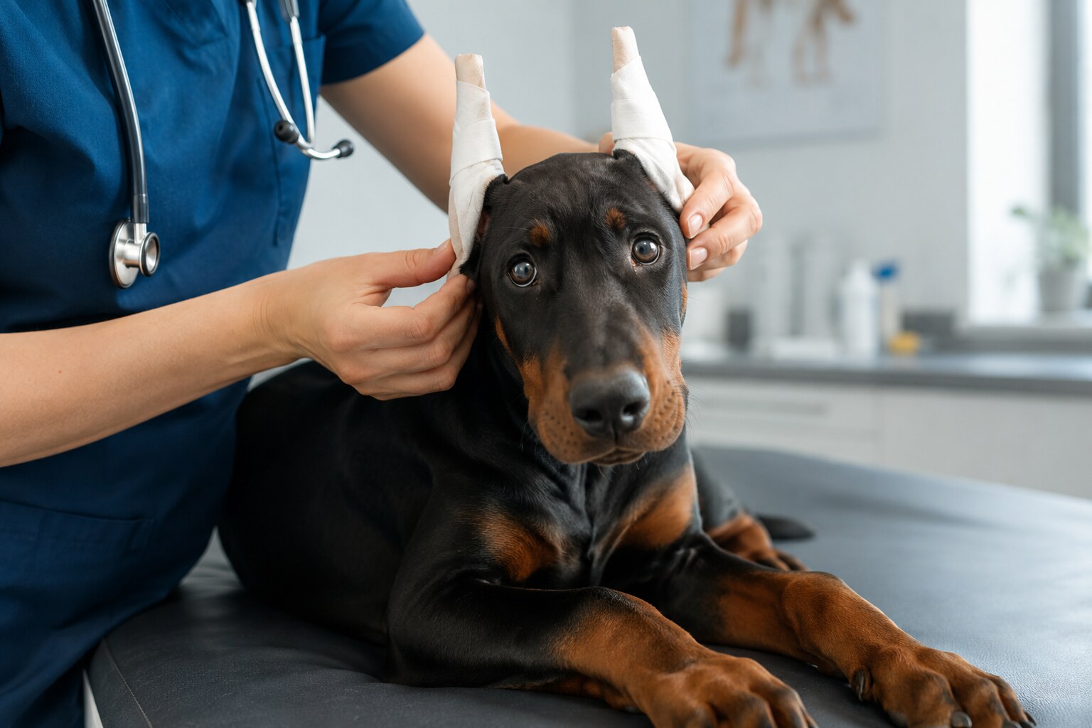 A veterinarian gently checking clean bandages on a worried Doberman’s ears