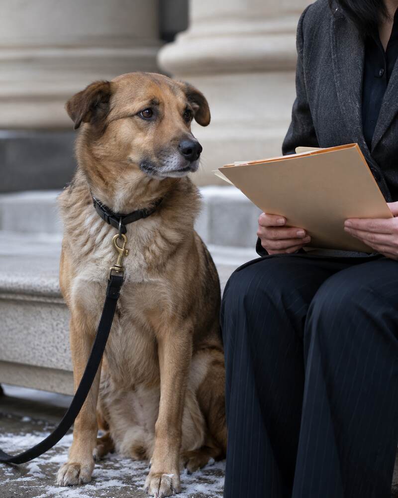 A dog sits safely beside a legal advocate holding an unmarked case folder.