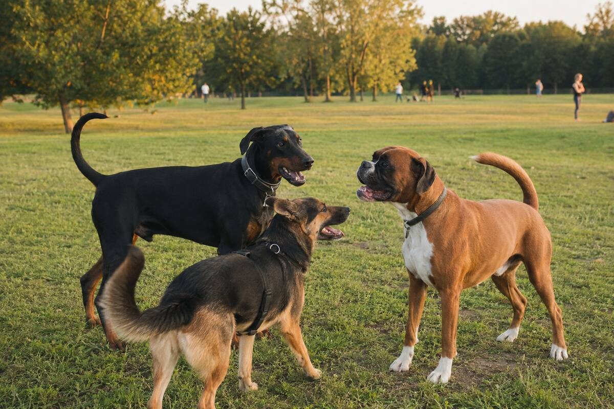 Three dogs with natural ears and full tails greeting in a park