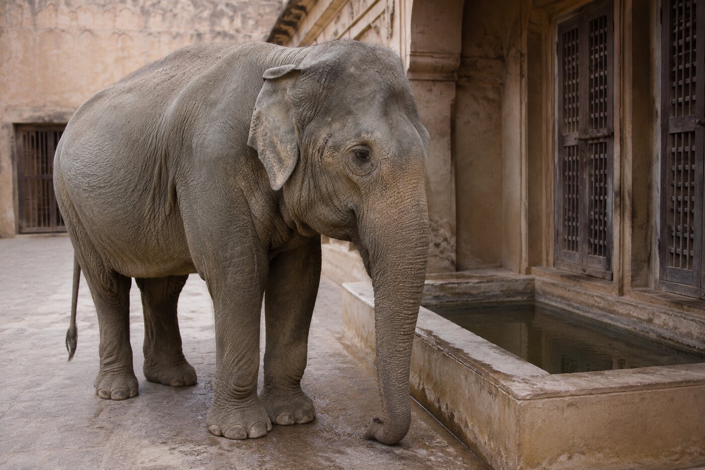 An elderly Asian elephant standing quietly beside a water trough in a sandstone courtyard