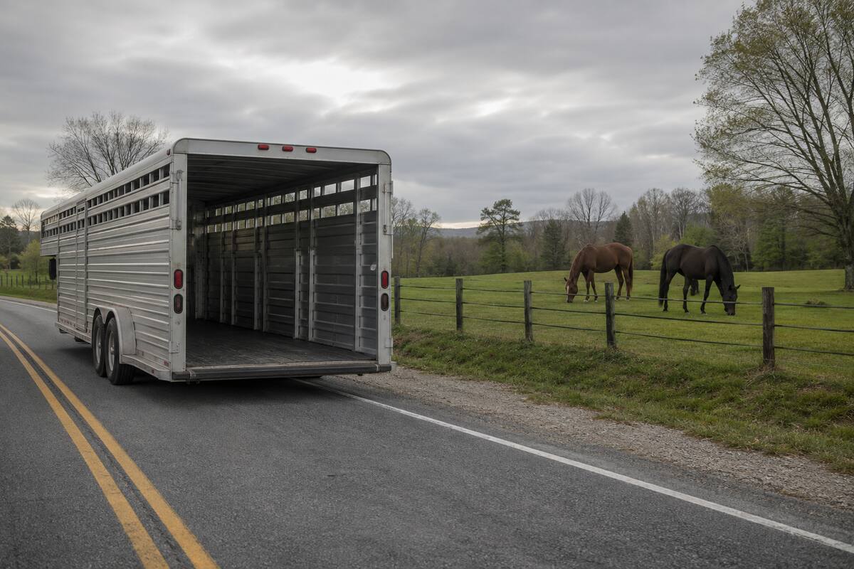 An empty livestock trailer beside a rural road, with horses grazing safely behind a fence