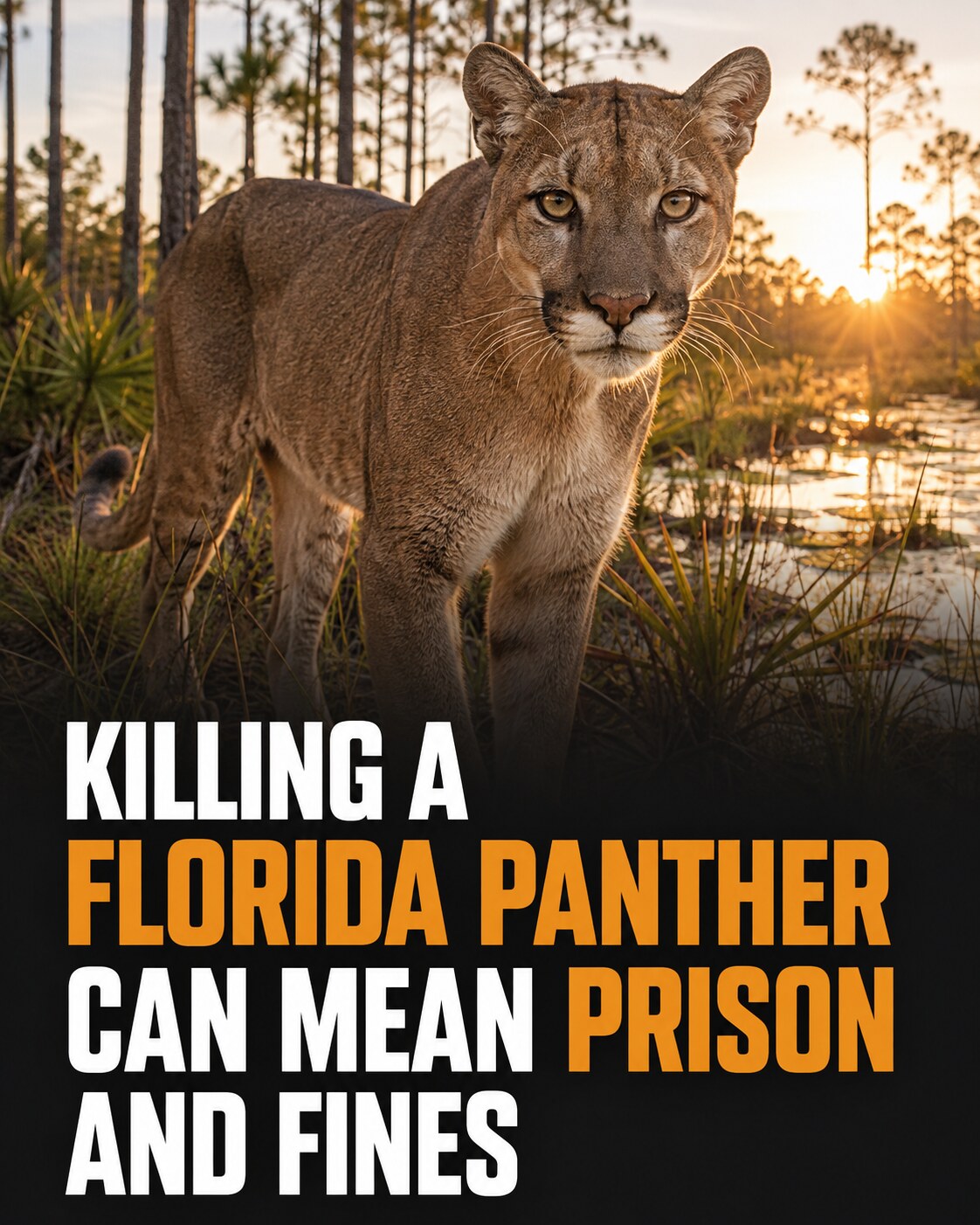 A living Florida panther in South Florida habitat with a headline explaining that killing one can mean prison and fines