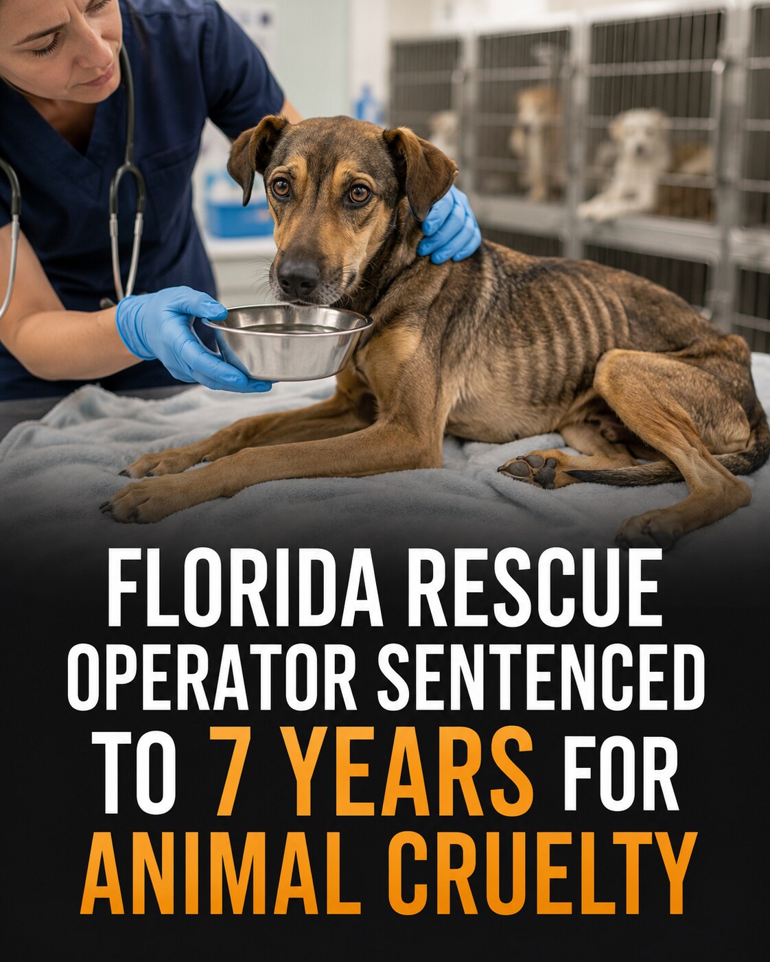 An underweight rescued dog receiving veterinary care with a headline about a seven-year animal-cruelty sentence
