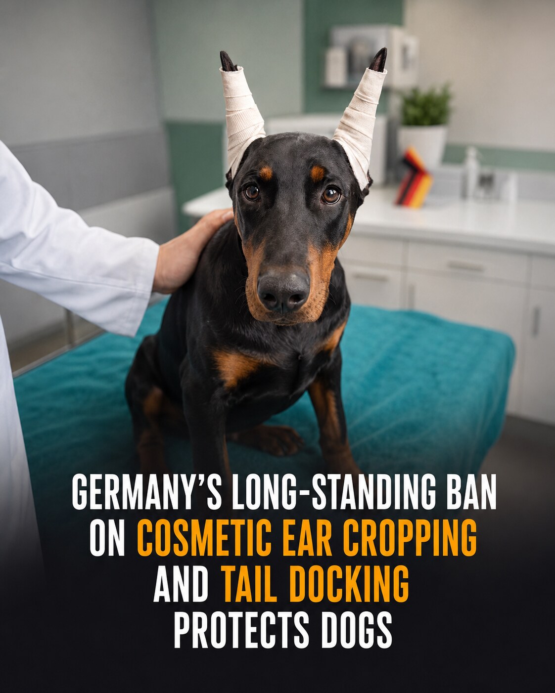 A worried Doberman with bandaged ears in a veterinary clinic beneath a headline about Germany’s cosmetic cropping ban