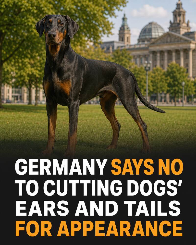 A natural-eared Doberman with a full tail in a German park