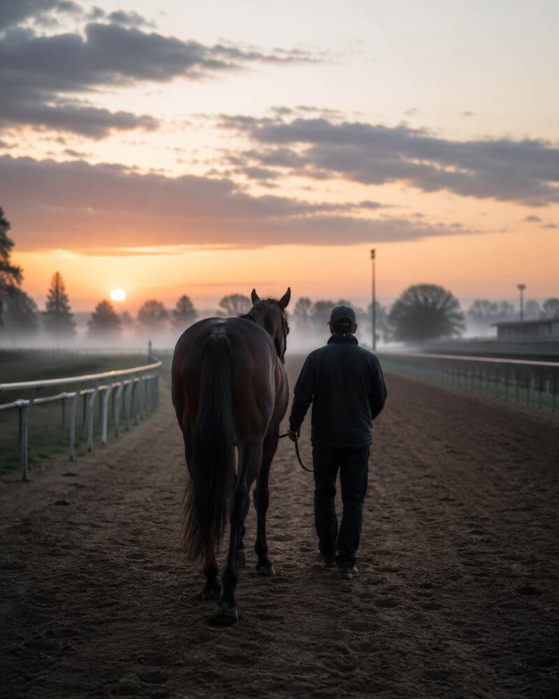 A handler gently leads a thoroughbred horse away from an empty racetrack at sunrise.