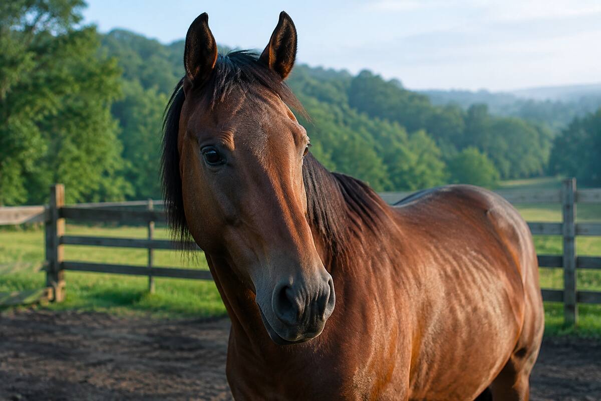 A bay horse standing safely in a fenced paddock