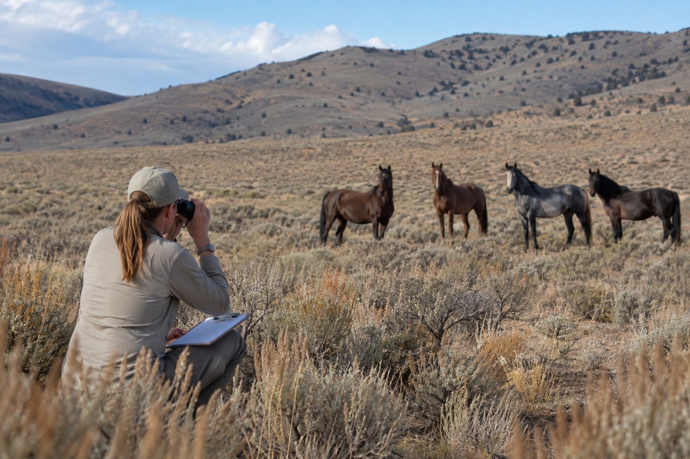 A wildlife biologist observing free-roaming wild horses from a respectful distance