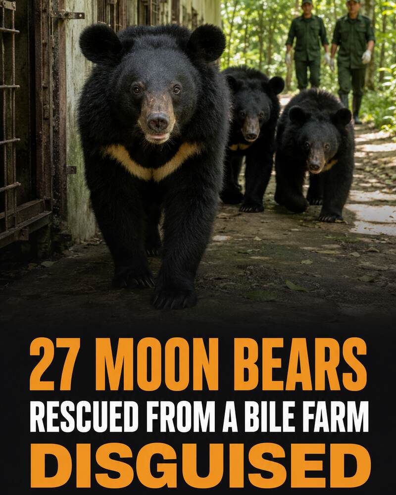 Three young moon bears emerging from a concrete cage corridor toward a forest sanctuary