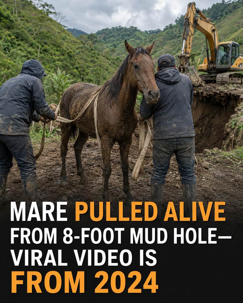 A muddy mare stands safely with rescuers beside a collapsed rural road and an excavator.