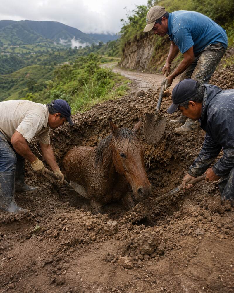 Three rescuers carefully remove soil around a mare trapped in a collapsed rural roadside cavity.