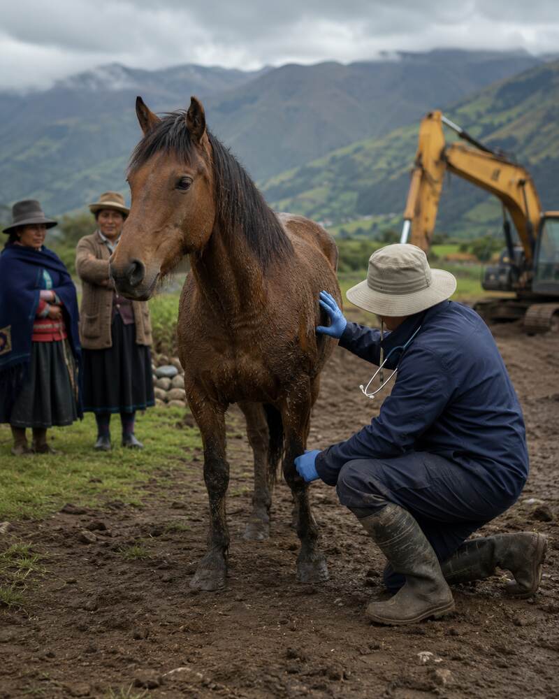 A veterinarian examines a muddy but alert mare after she reaches firm ground.