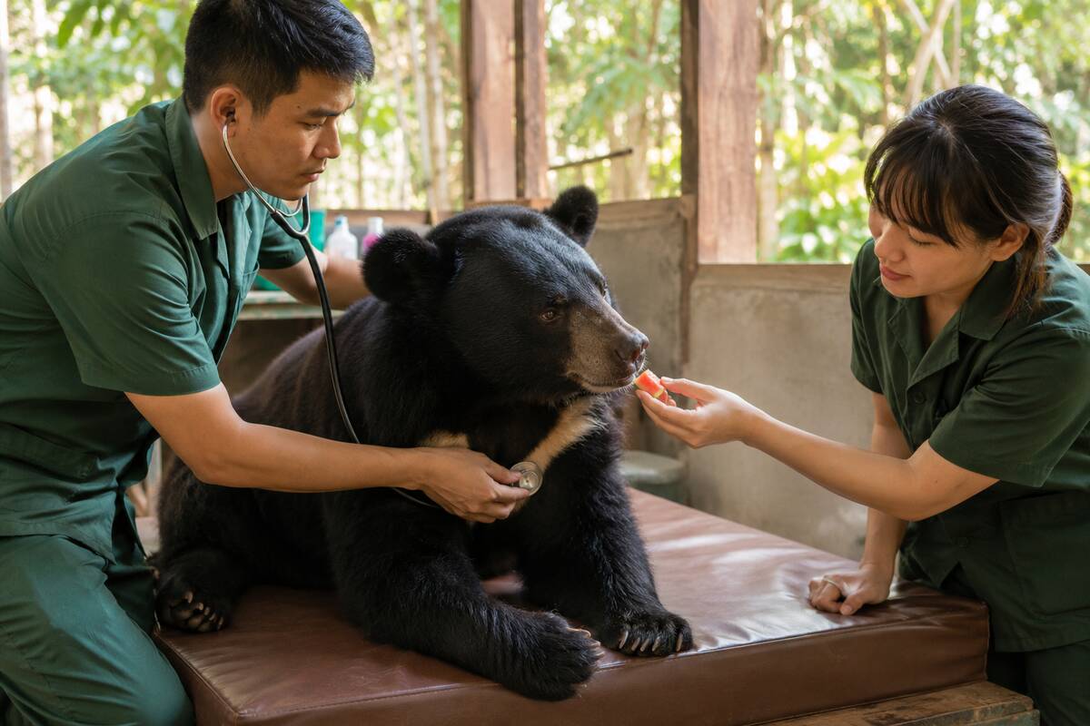 Two sanctuary veterinarians gently examining a young moon bear
