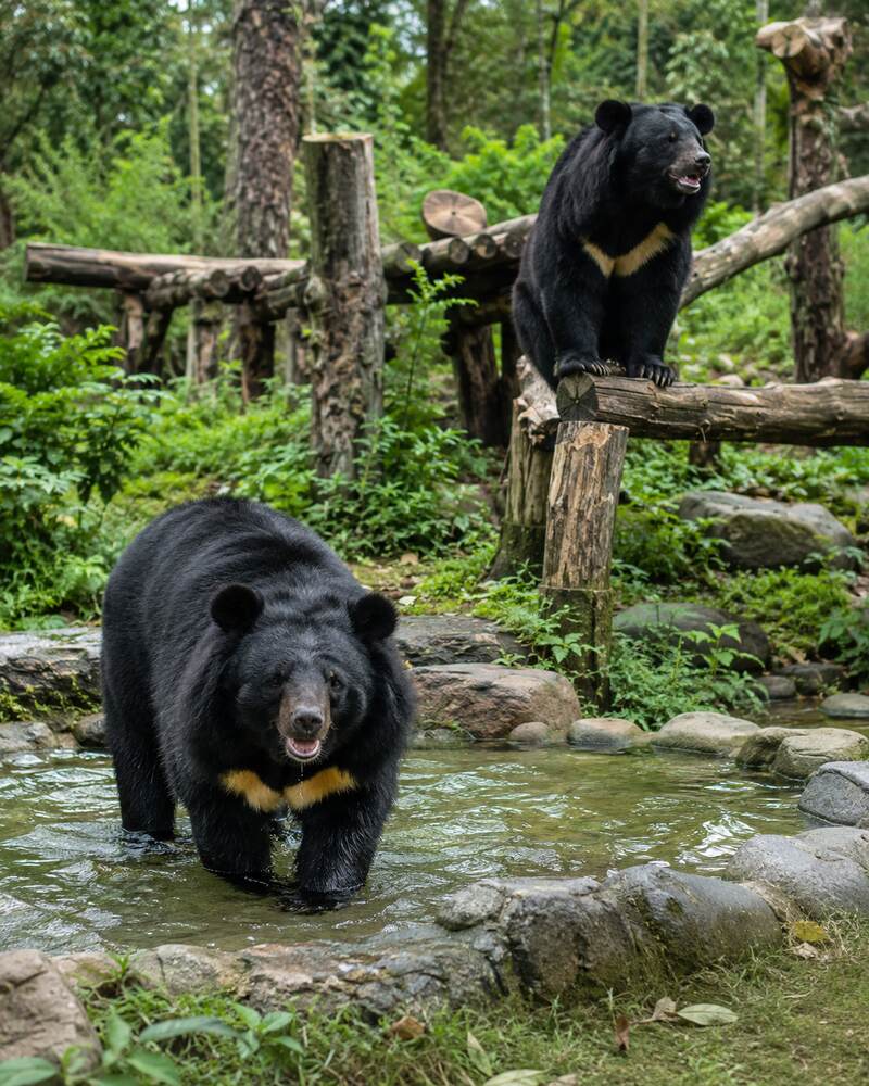 Two healthy Asiatic black bears explore a spacious habitat with grass, water and climbing structures.
