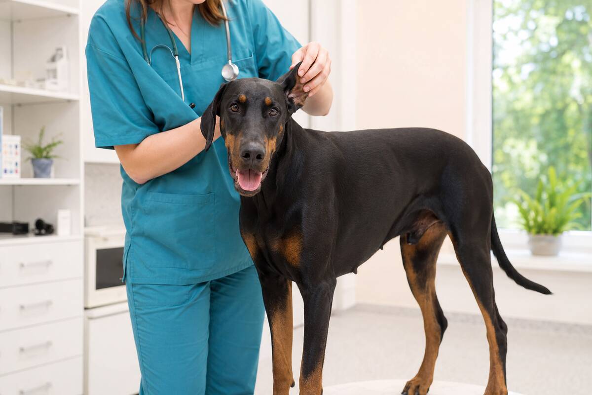 A veterinarian gently checks the natural ear of a healthy Doberman with a full tail