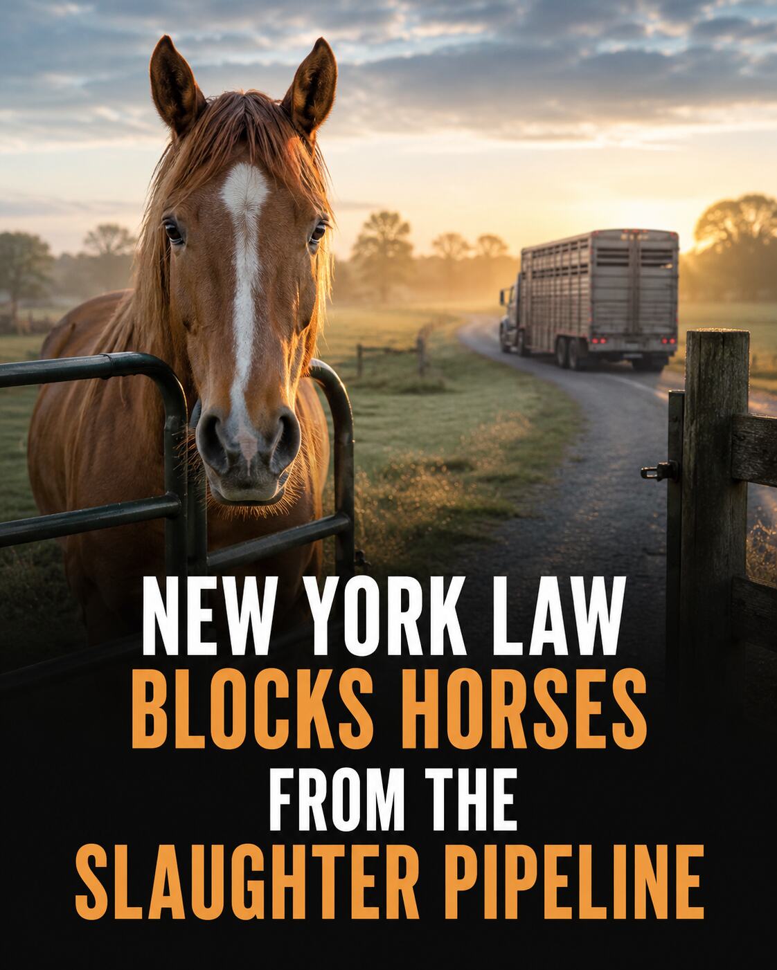 A horse behind a pasture gate as a livestock trailer drives away, with a headline about New York law blocking horses from the slaughter pipeline
