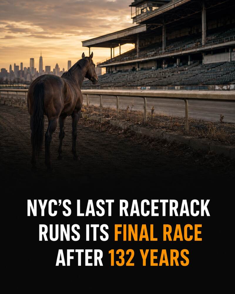 A thoroughbred horse looks toward an empty urban racetrack grandstand at sunset.