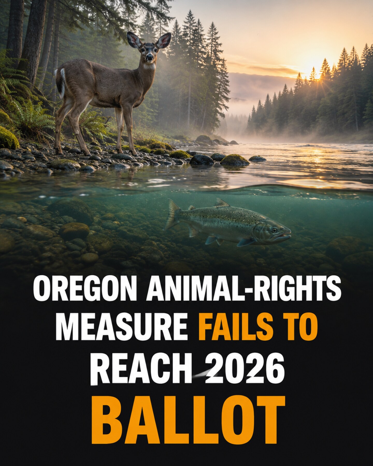 Illustrative graphic showing Oregon wildlife with a headline that IP 28 failed to reach the 2026 ballot
