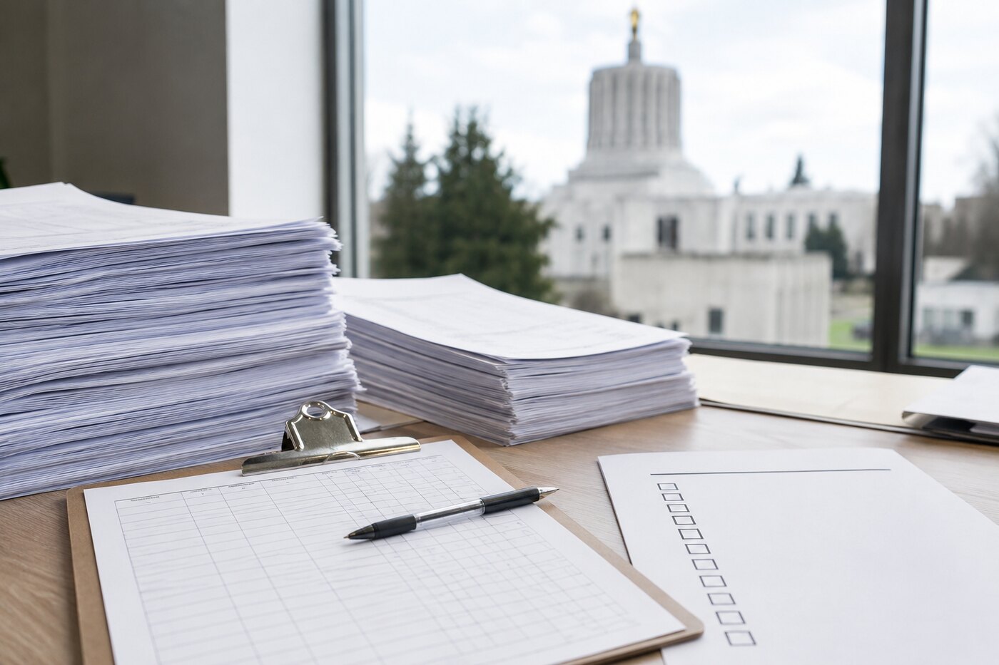 Stacks of petition papers and a clipboard in a civic office setting