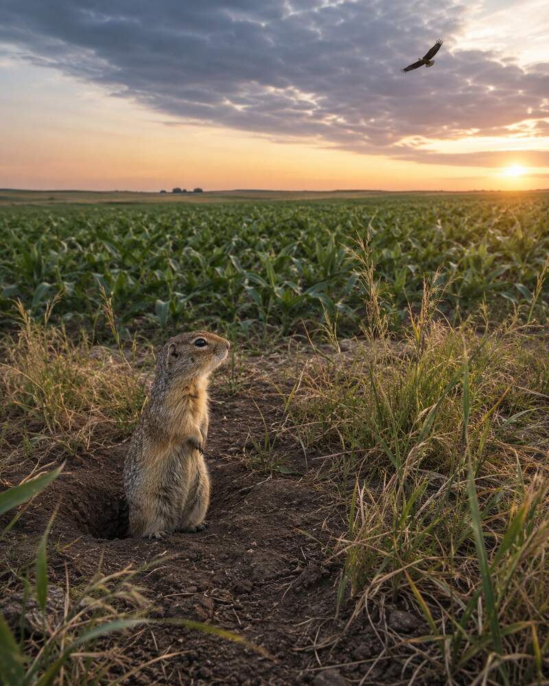 A Richardson's ground squirrel stands beside its burrow on prairie farmland with a distant eagle overhead.