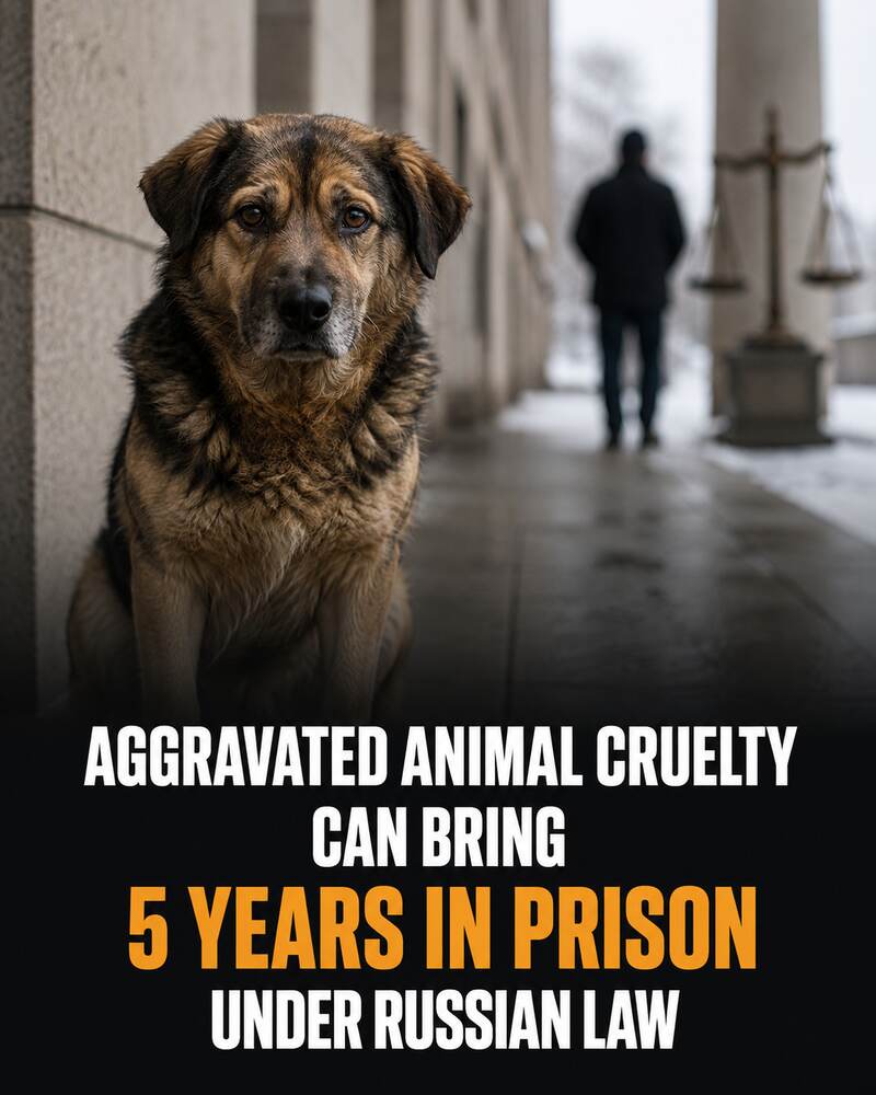 A mixed-breed dog sits near a courthouse corridor with justice scales and a distant unidentified figure.