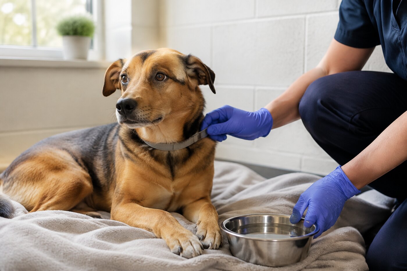A shelter worker gently caring for a dog resting on a clean blanket
