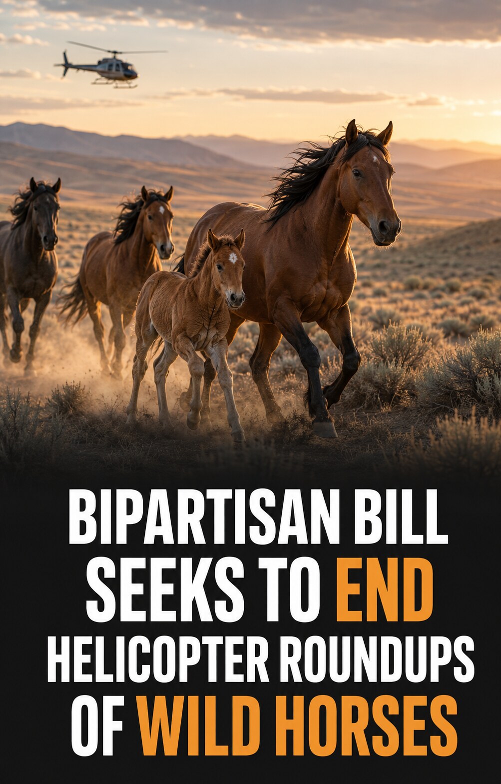 Wild mustangs running across Western rangeland with a distant helicopter and a headline about H.R. 4356