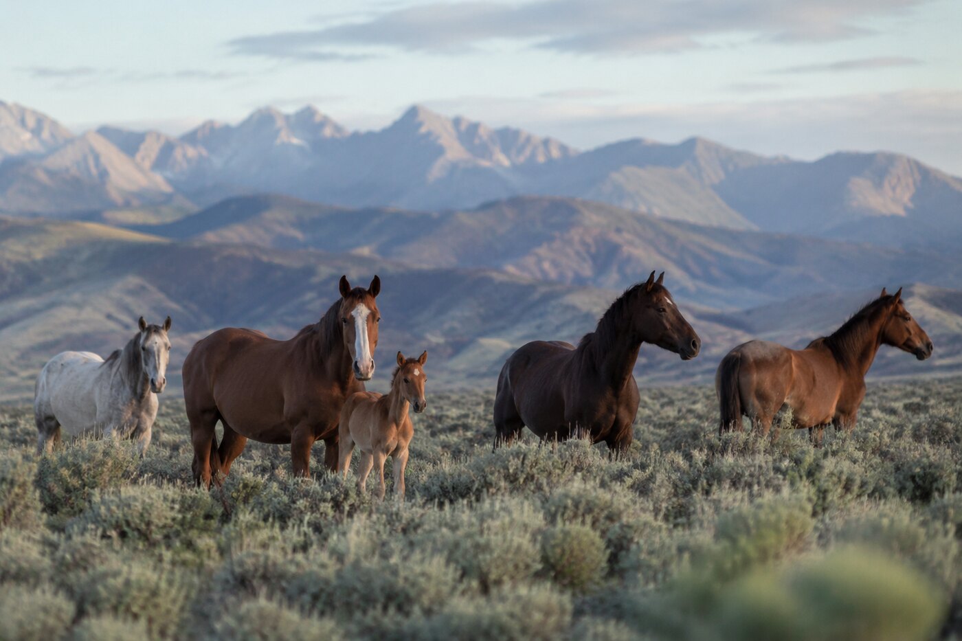 A family band of wild horses standing among sagebrush on Western public land