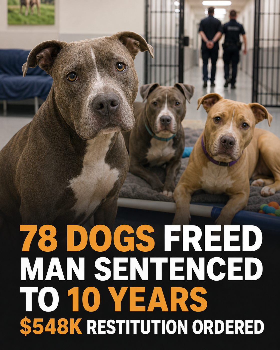 Three rescued pit bull-type dogs in rehabilitation with a prison corridor in the background