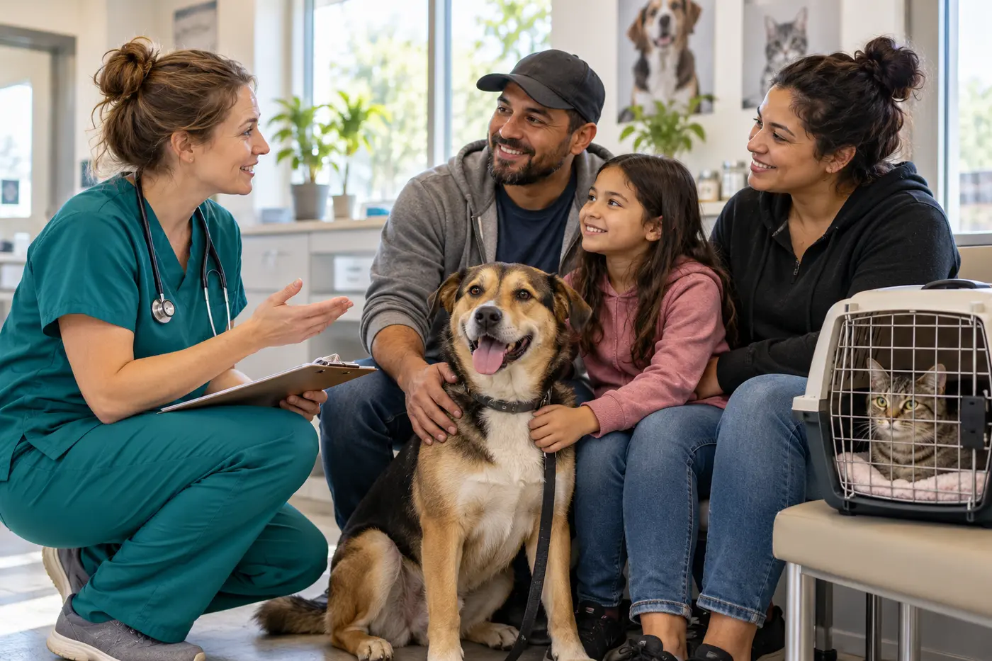 A veterinarian speaks with a family and their dog and cat at a community clinic.