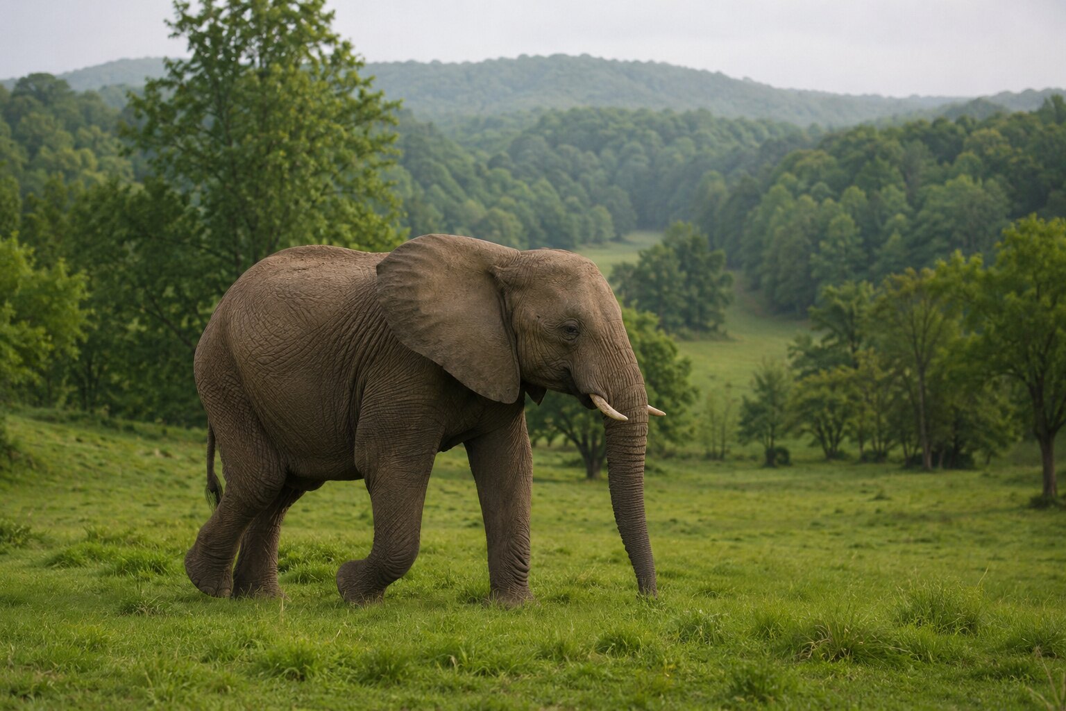 An African elephant walking peacefully through a spacious green meadow