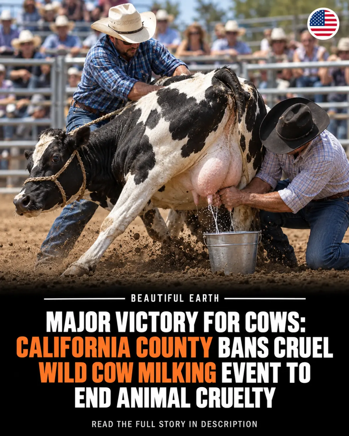 Editorial poster showing a wild cow milking rodeo with the headline about Alameda County's ban.