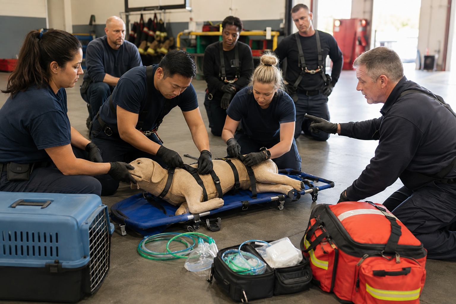 Emergency responders practicing with a canine mannequin and animal rescue equipment