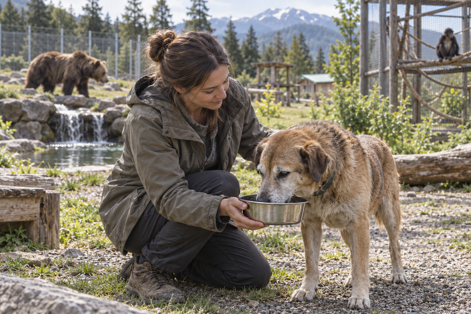 A sanctuary volunteer offering water to a rescued dog
