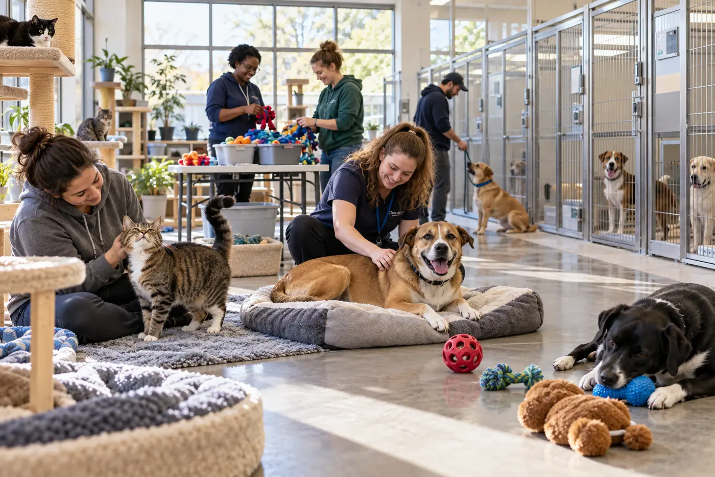 Shelter staff and volunteers care for dogs and cats in a bright adoption center.