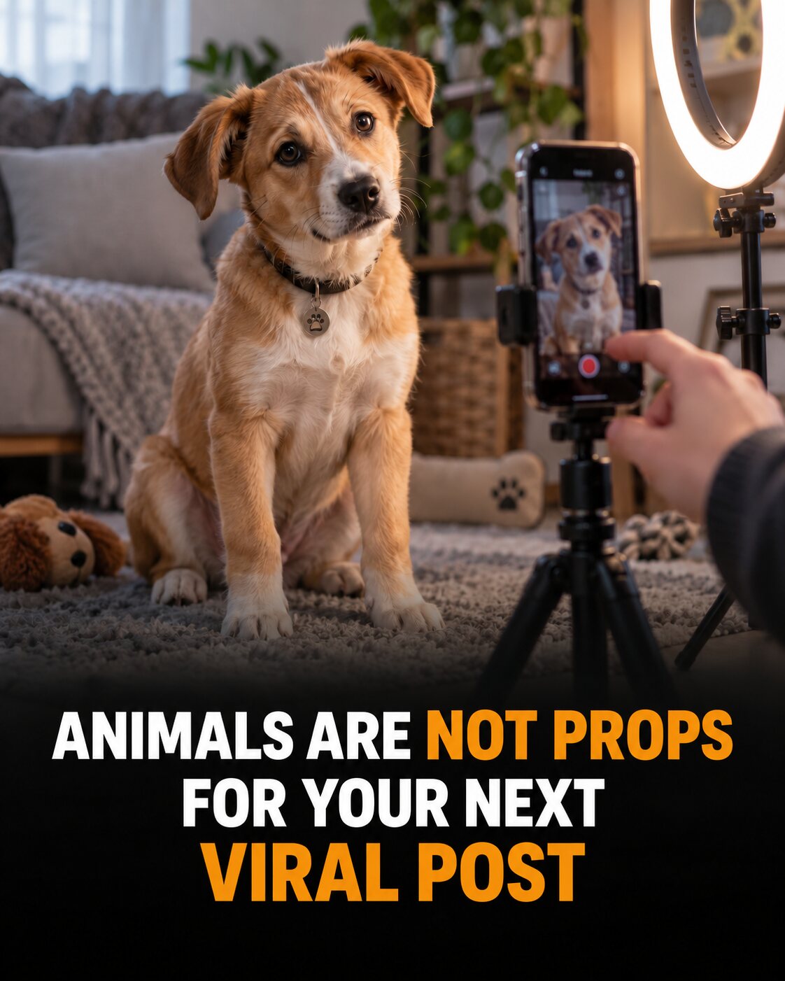 A dog being filmed beside a phone and ring light, with a headline urging viewers not to treat animals as social media props