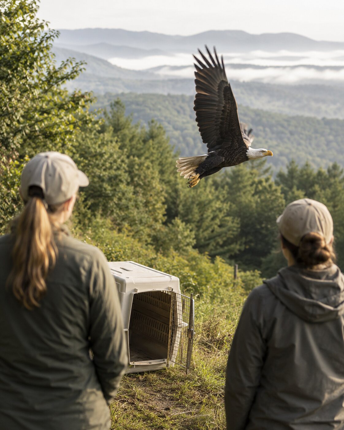 A rehabilitated bald eagle flies from an open carrier as wildlife staff watch.