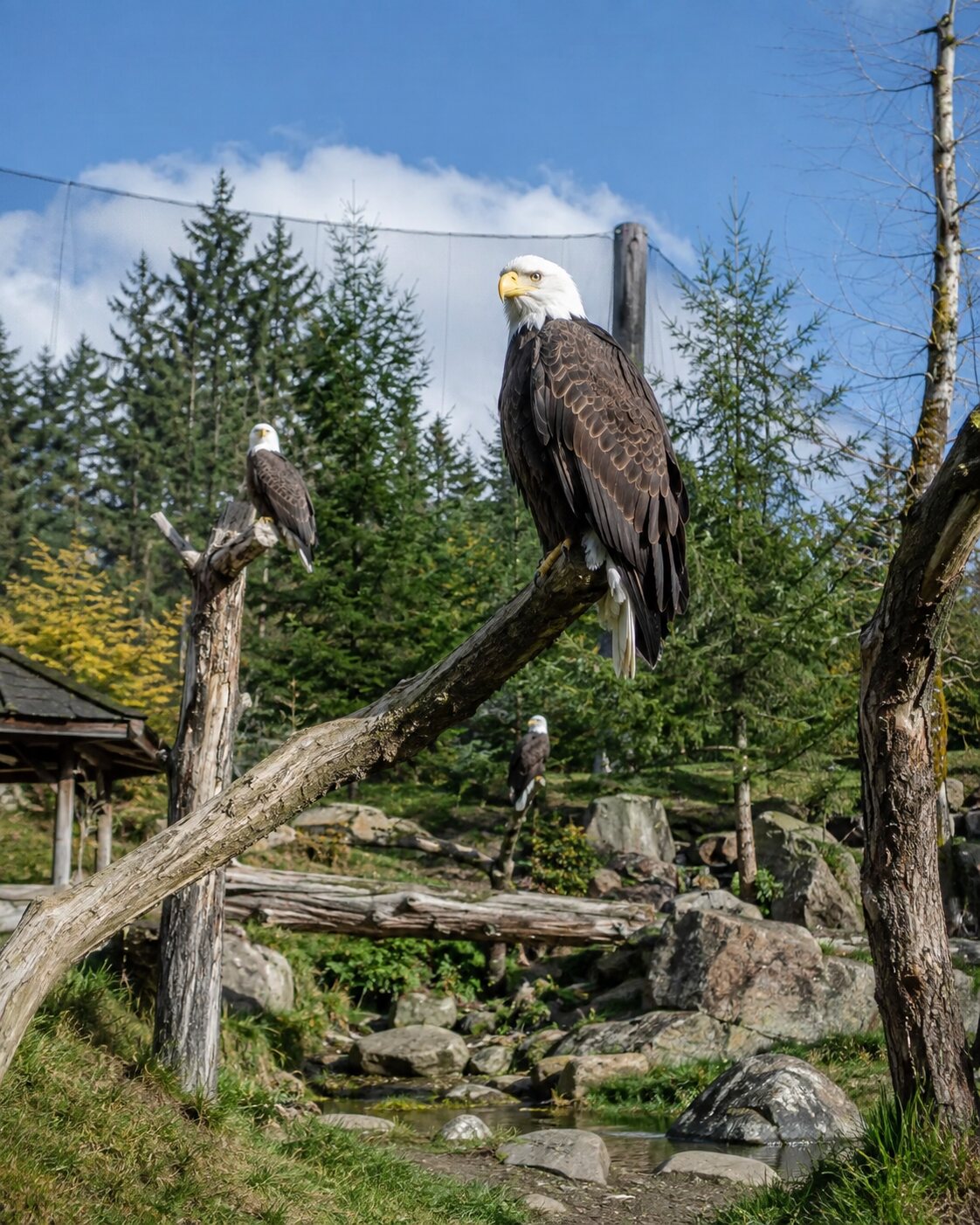 Bald eagles perch inside a spacious naturalistic sanctuary.