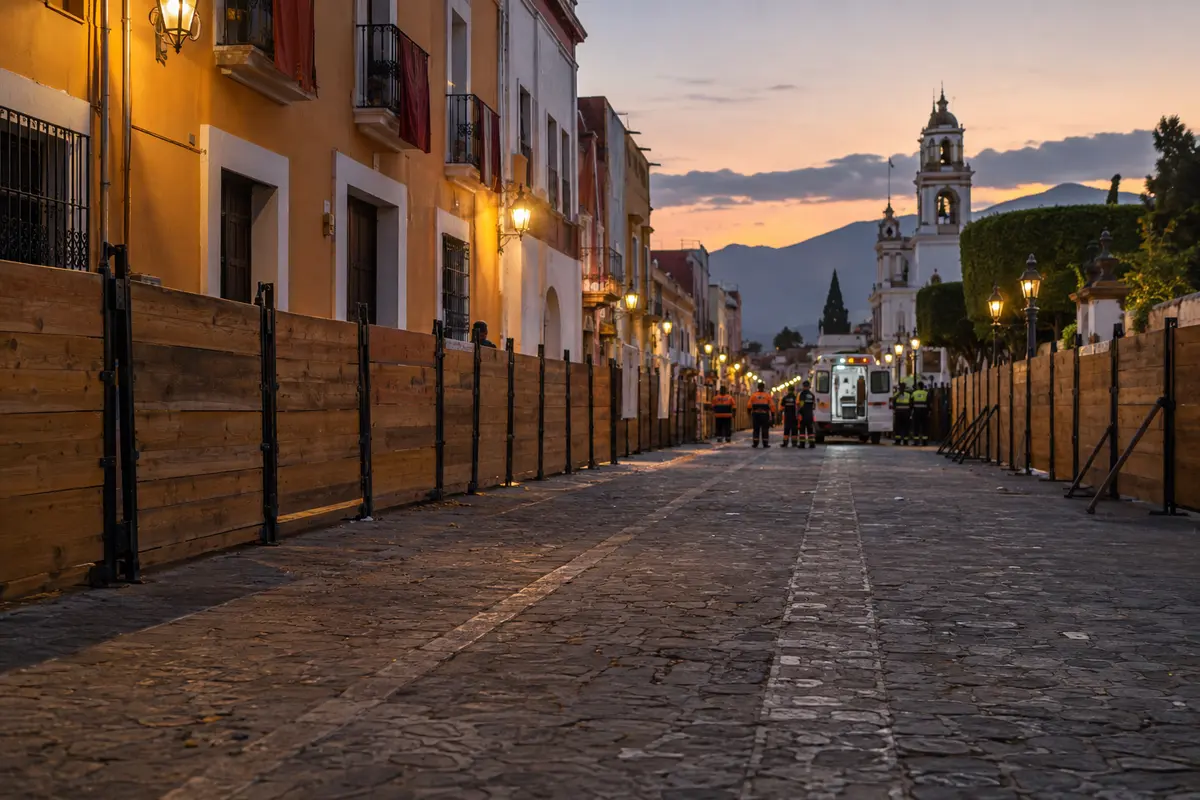 An empty barricaded colonial street at dusk with safety workers and an ambulance in the distance.