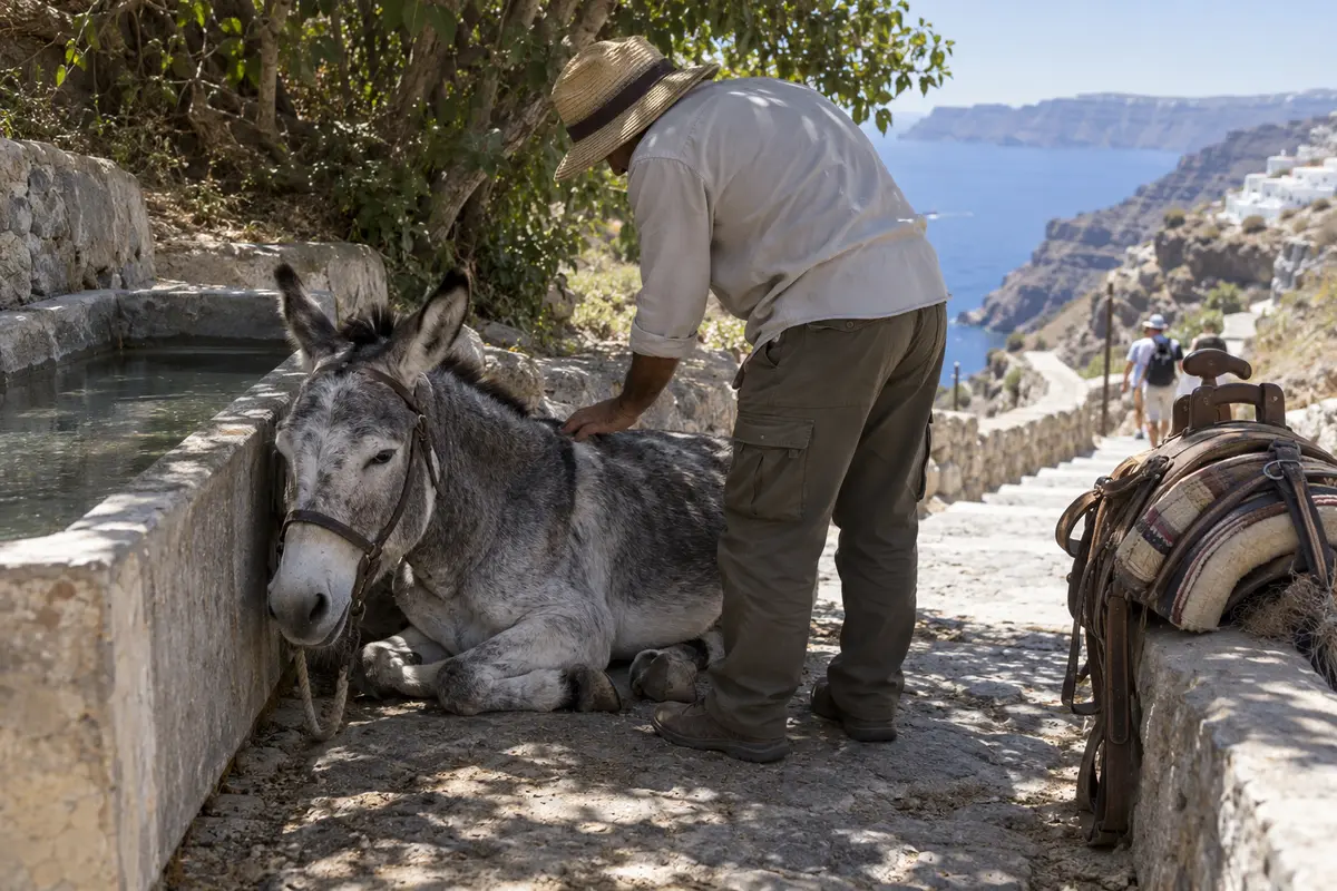 A gray donkey rests in shade beside a water trough while a handler checks on it.