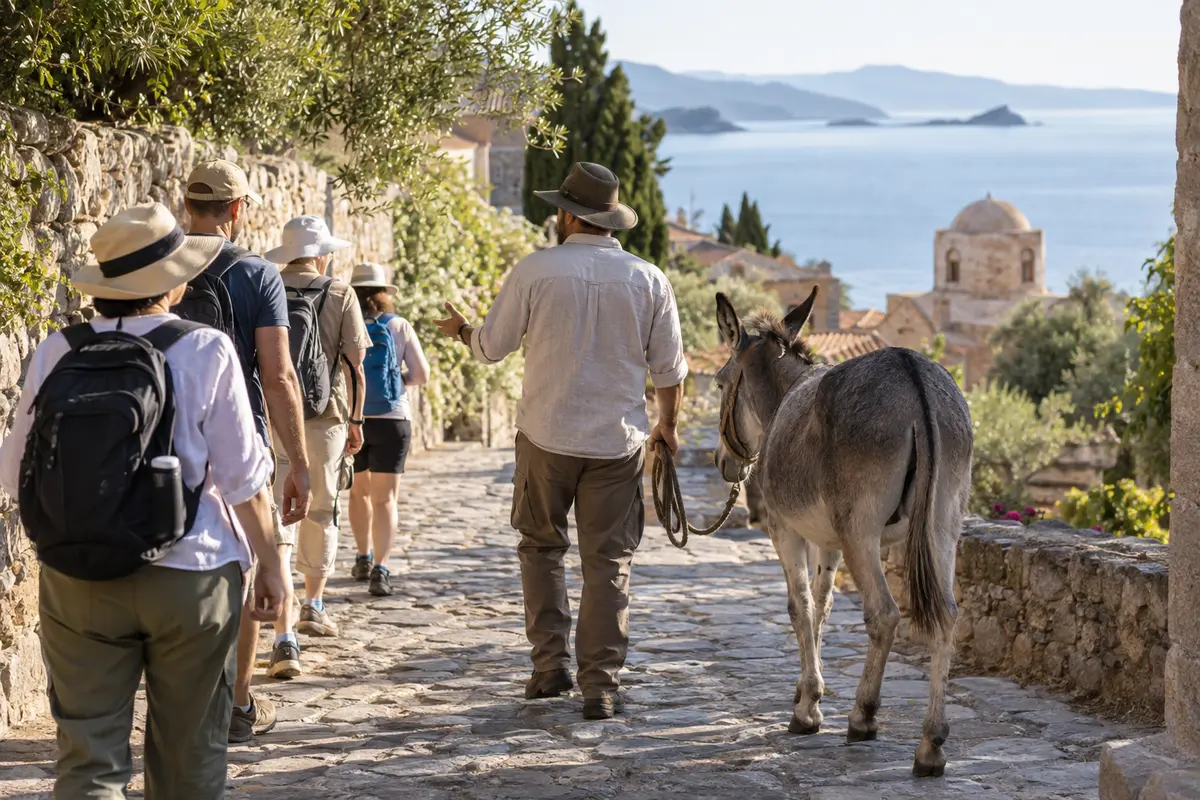 A local guide leads tourists on foot while a gray donkey walks beside the group without carrying a rider.
